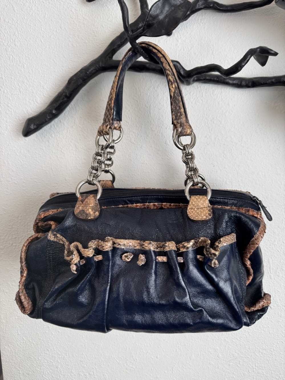 NWOT Carlos Falchi Navy Leather Shoulder Bag with Brown Snakeskin Trim 2007